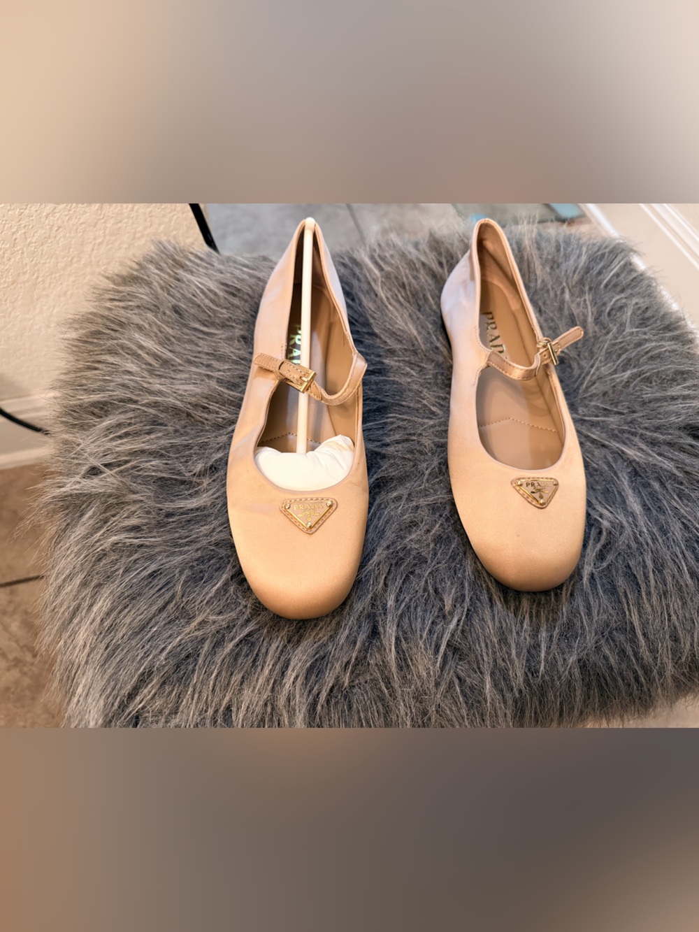 Nude Mary Jane Flats with Gold Logo